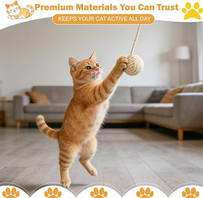 Cat Toy Ball with Sisal Rope Wrapping – 3 Pack Sisal Cat Toy Ball with Rope & Quiet Bell, 1.77" Natural Interactive Cat Scratching Ball for Indoor Cats (Beige, Yellow, Striped)