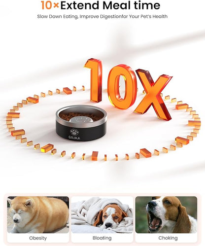 Slow Feeder Dog Bowls Stainless Steel, Food-Grade 304 Dog Slow Feeder Bowl 3.5 Cups Capacity, Heavy Duty Double-Layer with Non-Slip Base, Pet Puzzle Bowl for Medium & Large Dogs (Black)