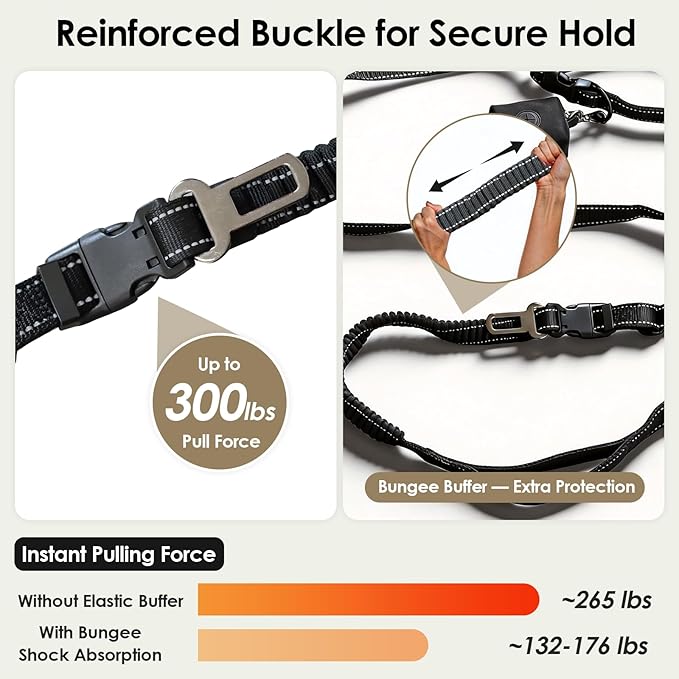 6-in-1 Hands-Free Dog Leash, Waist & Crossbody Bungee Lead with Dual Padded Handles, Bungee Shock Absorbing, Seat Belt Buckle, Reflective for Small Medium Large Dogs, Black