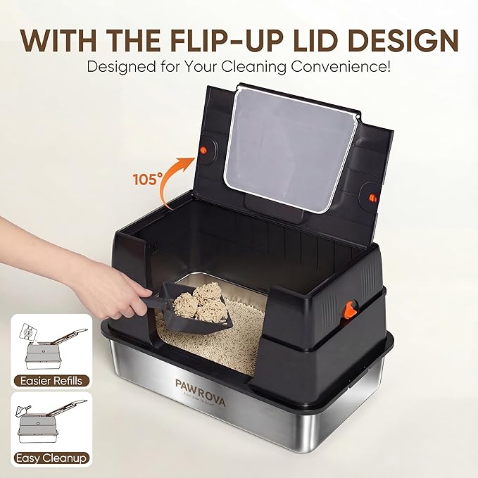 Stainless Steel Litter Box with Lid, XL Metal Litter Box for Big Cats, Premium 304 Stainless Steel, Leak-Proof Enclosed High Sides,Odor Resistant & Easy Clean, Flip-Up Lid with Scoop & Mat (Black)