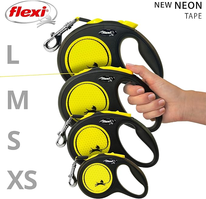 FLEXI New Neon Tape Retractable Dog Leashes for Large Dogs Upto 110 lbs. – 16 ft., Neon Yellow/Black | Tangle Free Pet Walking Leash with One-Handed Brake, Pause, Lock|German Quality Product