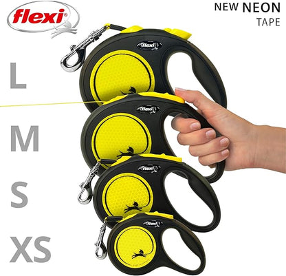 FLEXI New Neon Tape Retractable Dog Leashes for Large Dogs Upto 110 lbs. – 16 ft., Neon Yellow/Black | Tangle Free Pet Walking Leash with One-Handed Brake, Pause, Lock|German Quality Product