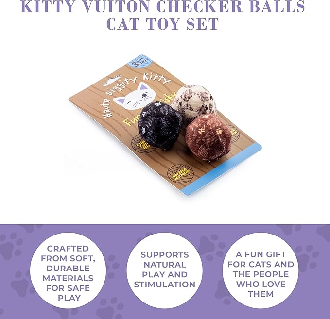 Vuiton Checker Balls Set, Plush Cat Toys Catnip Filled with Interactive Crackle Sound, Safe & Durable Toys for Cat & Kitten, 3 Pcs