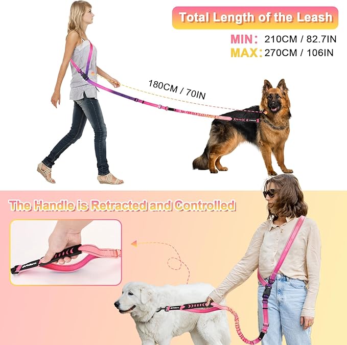 Philorn Hands Free Dog Leash, Crossbody Dog Leash, 6.9-8.9 Ft Multifunctional Waist Walking Belt with Car Safety Buckle for Large and Medium Dogs Jogging,Running,Training (Pinkish-Purple, 25-120 lbs)