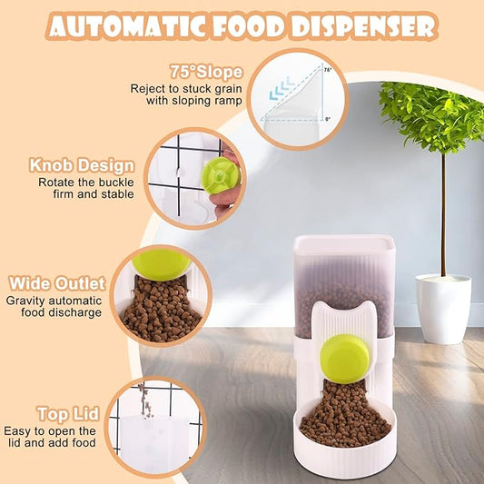 Automatic Replenish Pet Feeder, 1L Capacity Auto Gravity Cage Hanging Food Dispenser Set for Dog and Cat Small Animals, Removable Pet Food Bowl Food Container (Feeder, Green)