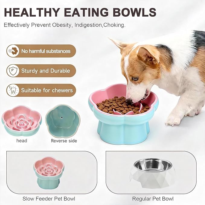 Cat Slow Feeder Flower-Shaped Ceramic Slow Feeder Cat Bowl, Tilted Raised Cat Slow Feeder Bowl for Whisker Relief, Prevents Vomiting & Bloating, Non-Slip Base