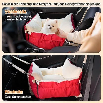 SIVES Dog Car Seat for Small Dogs, Soft Booster Seat Travel Bed with Side Flaps, Non-Slip Base, Seat Belt Straps + Safety Tether, Storage Pocket, Washable Cushion, Recommended Up to 33 lbs, Red