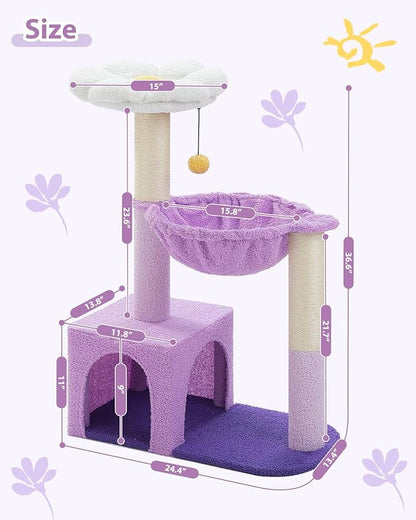 Purple Flower Cat Tree for Small Indoor Cats w/Large Metal Frame Hammock, 35" Cute Cat Tower with Sisal Scratching Posts, Cozy Condo with Cloud White Bed for Kittens