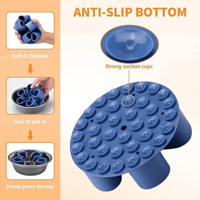 Slow Feeder Dog Bowls Insert, Bestalk Soft Silicone Slow Eating Dog Bowl Insert with Suction Cups for Small, Medium and Large Dogs(Darkblue S)