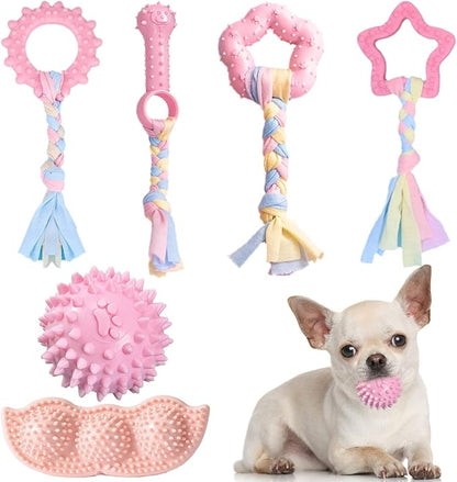 6 Pack Puppy Teething Toys Cute Pink Puppy Chew Toys for Teething Small Breed Dog Chew Toy Interactive Pet Toy Set for Puppies to Keep Them Busy Soft Durable Small Breed Doggy Chewing Ball