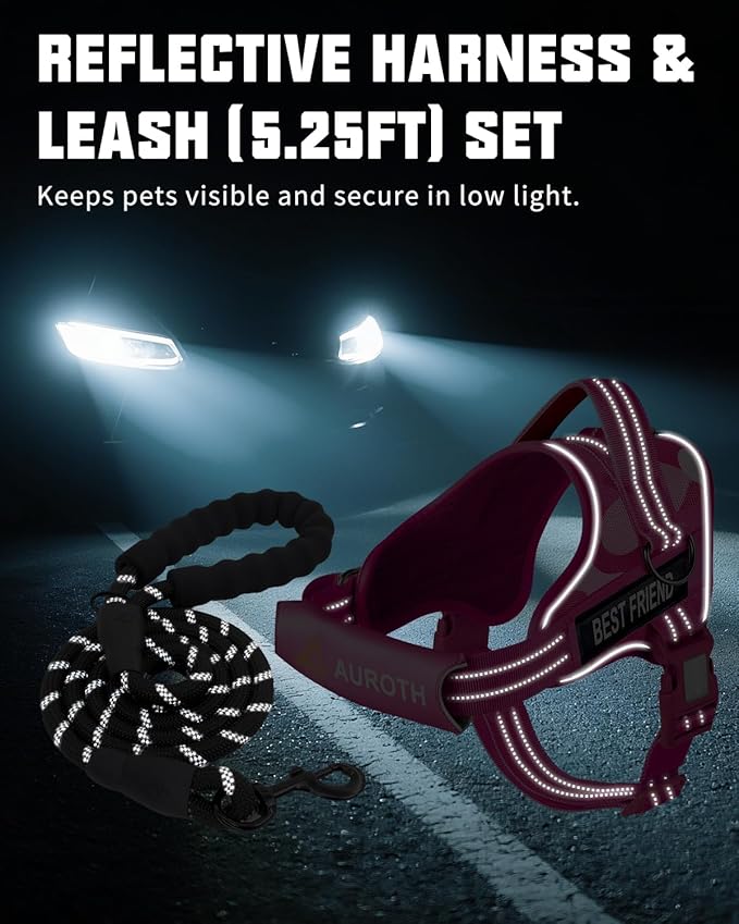 AUROTH Dog Harness and Leash Set, Soft Padded Service Dog Vest with 5.25FT Dog Leash, No Choke, Easy On Pet Vest, Adjustable Reflective No Pull Pet Vest Medium Sized Dog, Easy Walking and Training