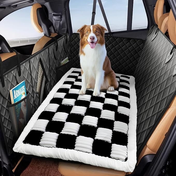 Backseat Extender Pet Bed Mat, Deluxe Dog Bed for Car Back Seat, Non-Slip Dog Mat for Truck Back Seat Cover with Hard Bottom, Plaid Backseat Dogs Bed for Car Trucks SUVs (57.8" * 26.7" inch)
