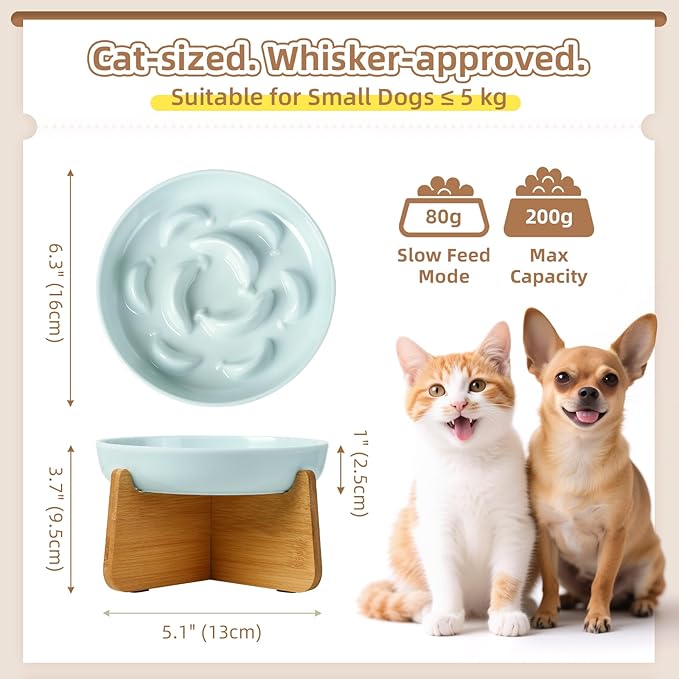 Elevated Slow Feeder Cat Bowl - Melamine Cat Food Plate with Anti-Slip Bamboo Stand - Whisker Friendly Feeding Bowl - Raised Maze Dish for Slow Eating - Pale Blue