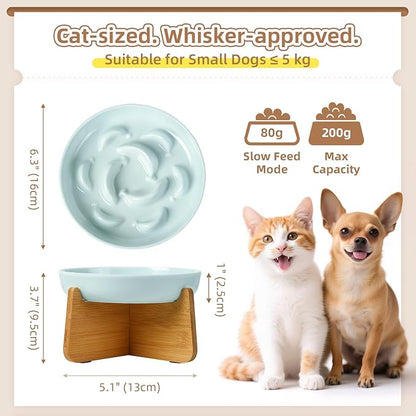 Elevated Slow Feeder Cat Bowl - Melamine Cat Food Plate with Anti-Slip Bamboo Stand - Whisker Friendly Feeding Bowl - Raised Maze Dish for Slow Eating - Pale Blue