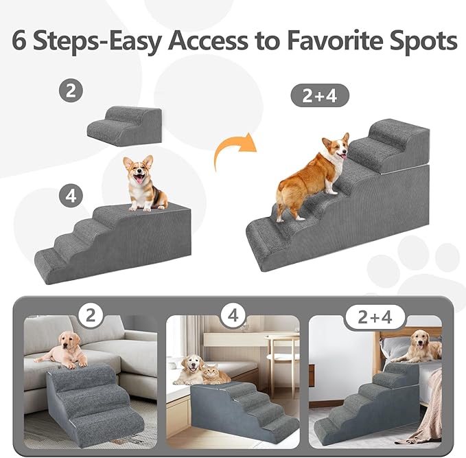 ABORON 6 Steps Dog Steps for High Bed, 25.5 Inch High Dog Stairs for Small Dogs, Waterproof Pet Stairs for Small Old Large Dogs and Cats with Removable Cover & PE Support Board for Bed/Car/Couch