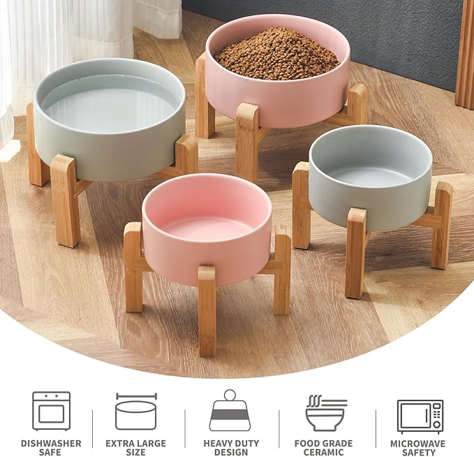 8'' Ceramic Raised Dog Bowl - 70Oz Dog Food & Water Bowl with Elevated Non-Slip Bamboo Stand, Dishwasher & Microwave Safe, Anti Vomiting Heavy Duty Pet Bowl for Medium and Large Dogs, Grey