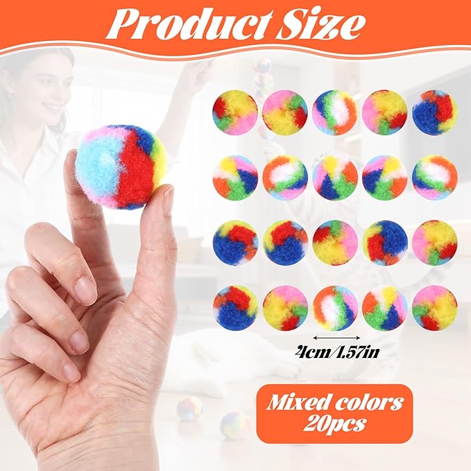 Ouligay 20 PCS Silent Cat Pom Pom Balls Soft Plush Cats Ball 1.6 Inch Rainbow Cat Toy Balls Interactive Lightweight Kitten Puff Ball for Cats Kitten Pet Playing Exercising