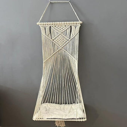Macrame Hanging Cat Hammock Bed Cat Swing House Space Saving Window Perch with Washed Cotton Cats Toy Tassel Basket Tapestry (Beige, Swing Bed+Cushion, XL)