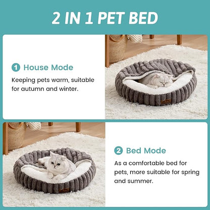 Cat Bed with Hooded Blanket, Round Fluffy Anti-Anxiety Pet Bed for Cats/Toy Breed Dogs, Cozy Donut Cuddler with Machine Washable Faux Fur & Anti-Slip Bottom(20"×20"×6",Grey)
