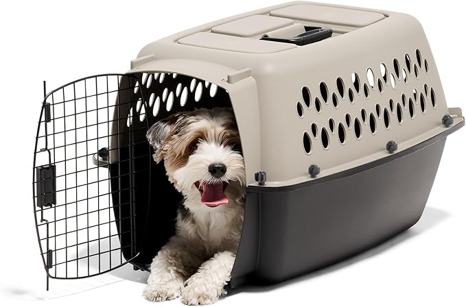 Petmate Vari Dog Kennel Portable Carriers & Crates for Smaller Dogs or Puppies and Pets 10 to 20 lbs, Airline-Friendly Plastic Pet Carrier Home and Travel, 24" Long, Taupe & Black, 24” x 16.7” x 14.5”