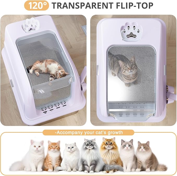 Stainless Steel Cat Litter Box Fully Enclosed Extra Large Metal High Sided Cat Box with 120° Fully Transparent See-Through Flip Lid, Scoop & Mat - Pink -XL