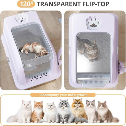Stainless Steel Cat Litter Box Fully Enclosed Extra Large Metal High Sided Cat Box with 120° Fully Transparent See-Through Flip Lid, Scoop & Mat - Pink -XL