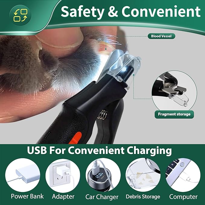 2-in-1 Cat Nail Clippers & Dog Nail Clippers Trimmers for Large Medium Small Dogs Cats Claw Trimmer Quick Sensor and Safety Guard USB Rechargeable with 2 LED Lights Dogs Nail Trimmer