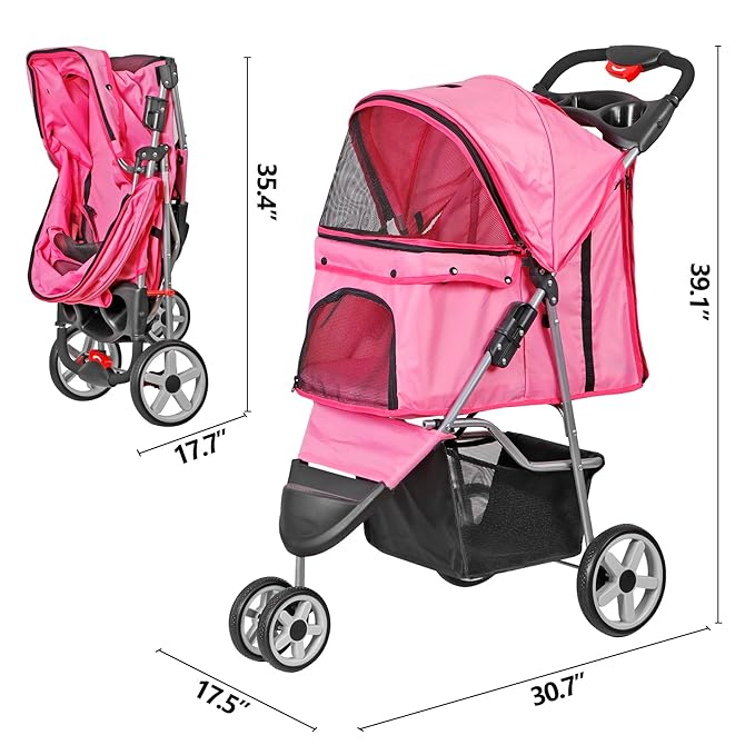 Foldable Pet Stroller for Cats and Dogs 3 Wheels Carrier Strolling Cart with Weather Cover, Storage Basket + Cup Holder (Pink)