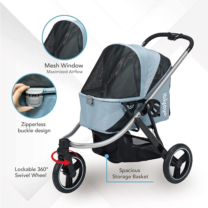 ibiyaya The Beast Pet Jogging Stroller for All Terrains, 3-Wheel Dog Carrier with Double Breaks, Zipperless Large Stroller for Running & Hiking, Multiple Small Dogs, Medium Dogs, or Cats (Flash Grey)