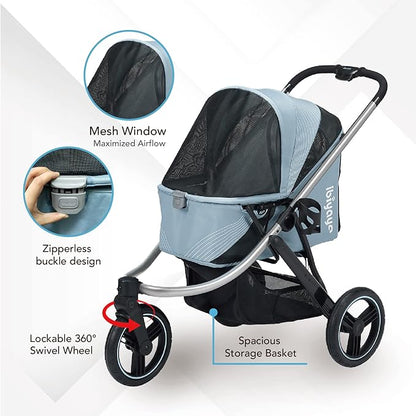 ibiyaya The Beast Pet Jogging Stroller for All Terrains, 3-Wheel Dog Carrier with Double Breaks, Zipperless Large Stroller for Running & Hiking, Multiple Small Dogs, Medium Dogs, or Cats (Flash Grey)