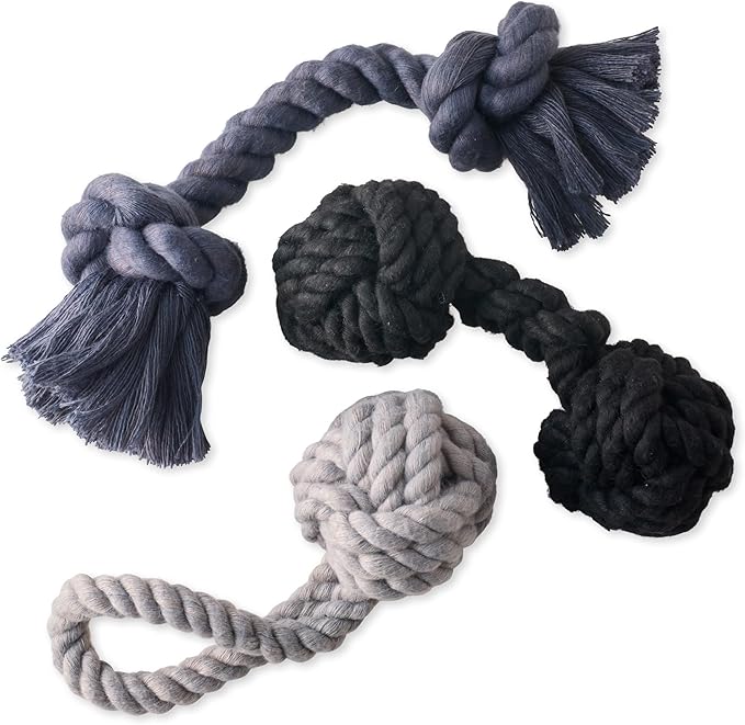 Brady The Rope Tug Toy 3-Pack Organic Cotton Dog Rope Pull Toys for All Pet Breeds, Gray Ombre, One Size