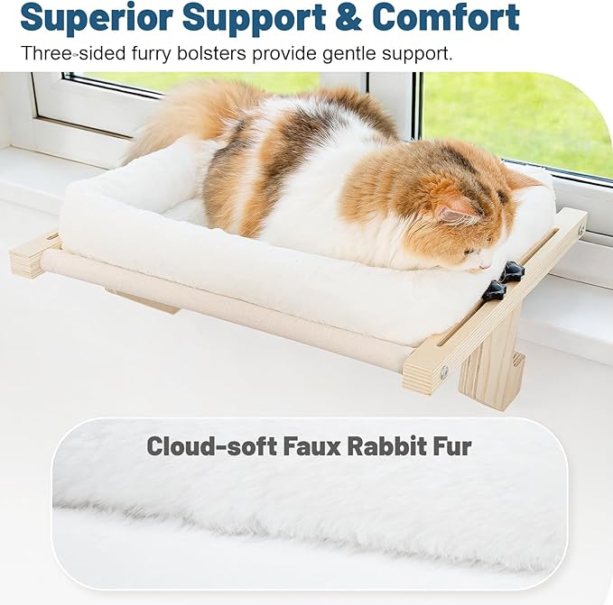 Cat Sill Window Perch - 100% Natural Pine Frame, Soft Rabbit Fur Cushion, Tool-Free Adjustment, Supports 40 lbs (Medium-White)