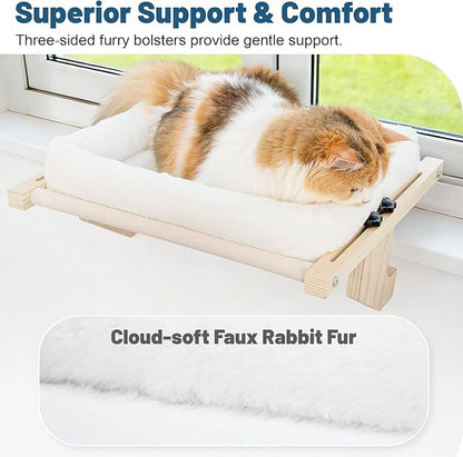 Cat Sill Window Perch - 100% Natural Pine Frame, Soft Rabbit Fur Cushion, Tool-Free Adjustment, Supports 40 lbs (Medium-White)