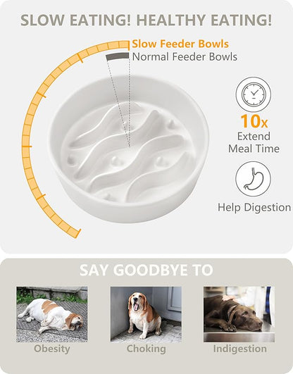 Ceramic Slow Feeder Dog Bowls for Small Dogs, 0.6 Cup Dog Slow Feeder for Fast Eater, Puzzle Maze Bowl, 14oz, 6in, White