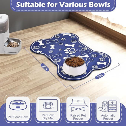Dog Cat Mat for Food and Water,Rapid Absorbent Pet Feeding Mat, Bone Shaped Dog Placemat Bowl Mat with Rubber Backing,No Stains Pet Food Mats Indoor, Pet Accessories Supplies,Blue 23"×36"