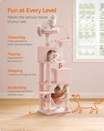 Feandrea Cat Tree, 59.5-Inch Tall Cat Tower, Plush Multi-Level Condo with 5 Scratching Posts, 2 Perches, 2 Caves, Hammock, 2 Pompoms, Jelly Pink UPCT192P01