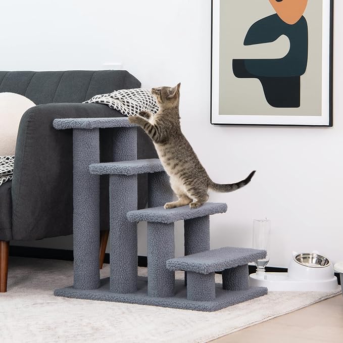 Tangkula Pet Stairs for Cats and Dogs, 4-Step Carpeted Ladder Ramp Cat Climber Cat Scratching Post, Multi-Step Dog Stairs for High Beds, Couch (Grey)