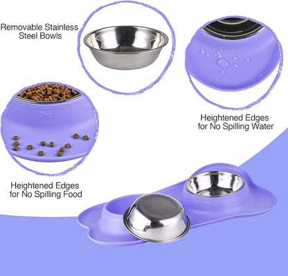 Dog Bowls 2 Stainless Steel Bowl for Pet Water and Food Feeder with Non Spill Skid Resistant Silicone Mat for Pets Puppy Small Medium Cats Dogs