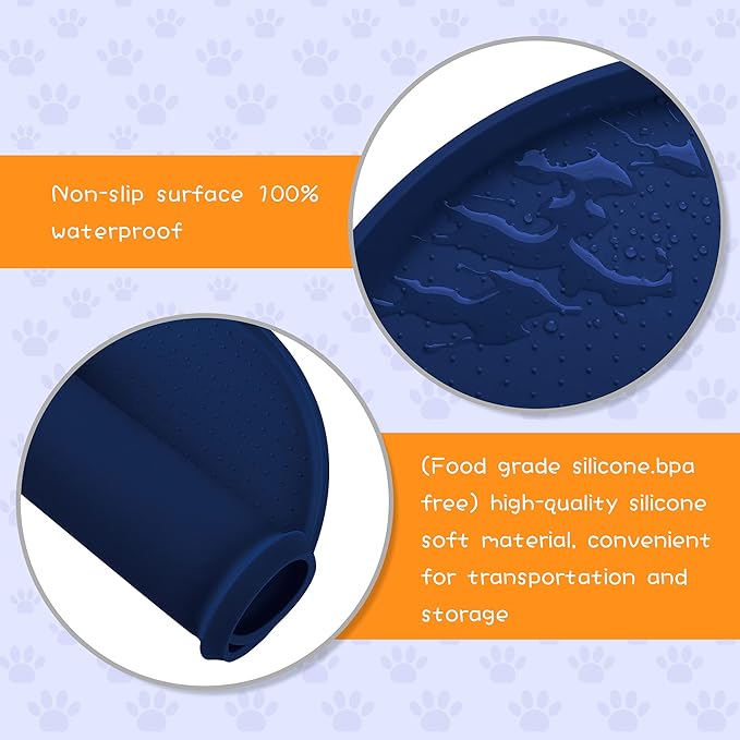100% Waterproof 0.5" Raised Edge BPA Free Silicone Dog Food Mat, Pet Cat Feeding Mats Contain Spills Protects Floors, Placemats for Cats and Dogs Water Bowl Dishwasher. (Large/XL, Navy)