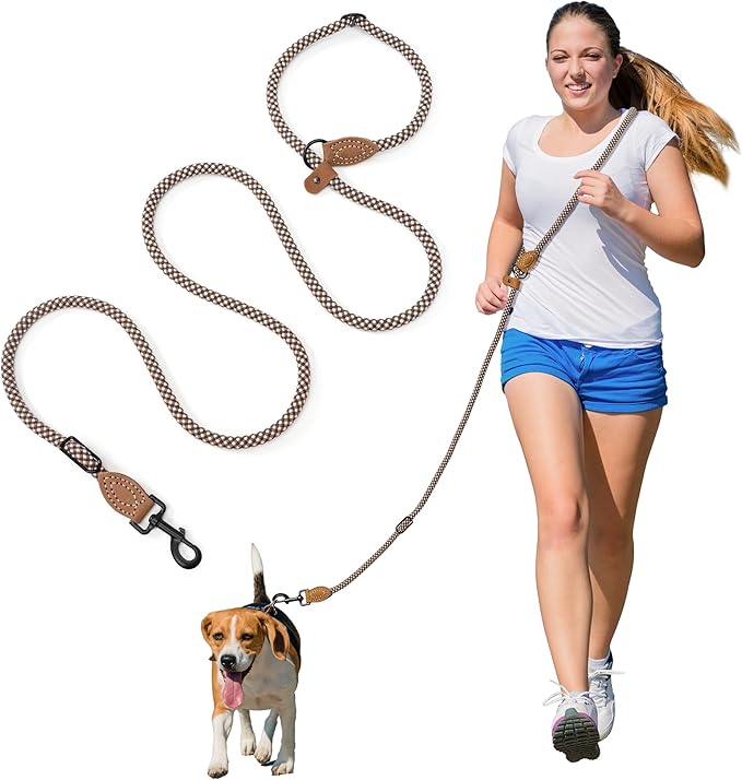 Mile High Life Hands Free Dog Leash, Crossbody Waist Leash with Genuine Leather Connection, Multifunctional Adjustable Slip Lead for Dog Walking Running (Brown, 7FT)