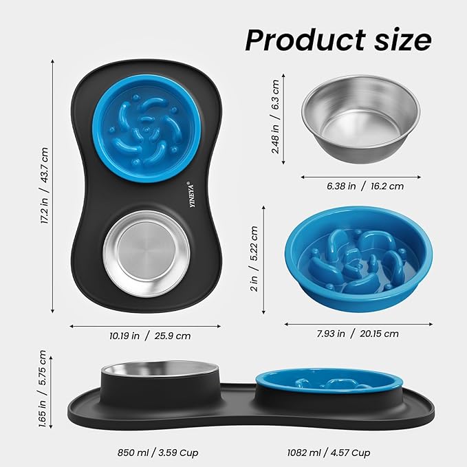Slow Feeder Dog Bowls Stainless Steel Food and Water Bowl Set 3 in 1 No Spill Waterproof Silicone Pet Food Mat Puppy Feeding Station for Large Medium Small Breed Non Slip Metal Dish Tray by YINEYA