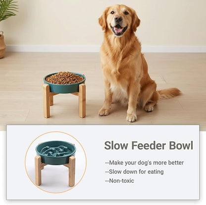 Ceramic Slow FeederDog Bowl for Medium Large Dogs,Heavy Weighted,Puzzle Eating Bowl Modern Maze (Stars Mark-Forest Green, 8.66in)