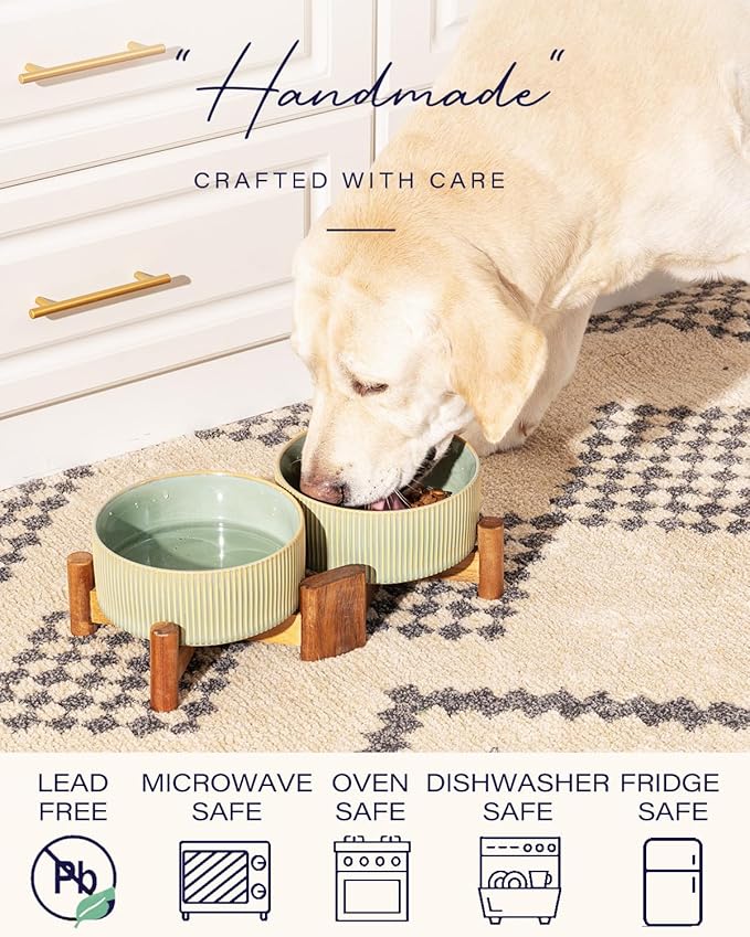 Getstar Ceramic Dog Bowls Set with Acacia Wood Stand, 3.5 Cups Pet Bowls Set of 2 for Medium Dogs, Cute Dog Food Bowl, Cat Bowls