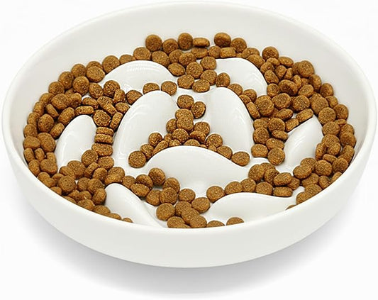 Anti-Bloat Ceramic Slow Feeder Bowl - Fish Pool Design Interactive Puzzle Feeder for Cats & Small Dogs, Food-Safe Porcelain Healthy Eating Dish (White-Ceramic)