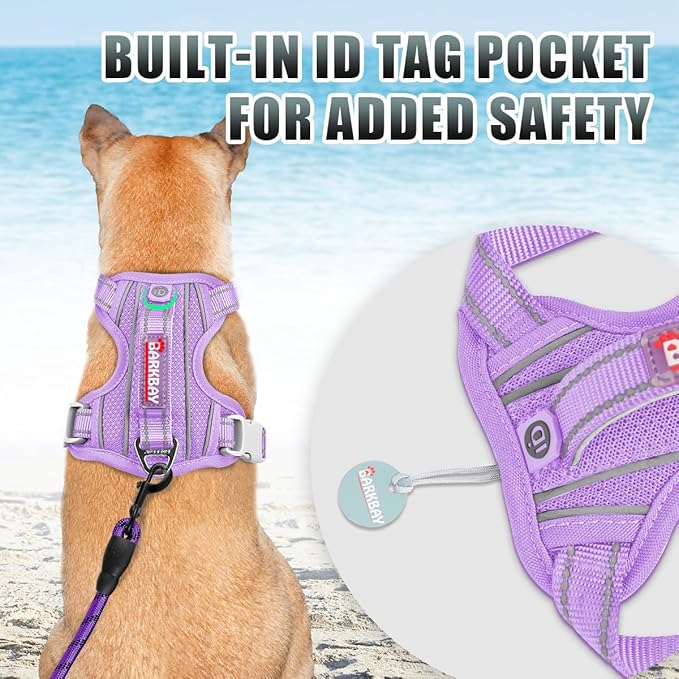 BARKBAY No Pull Dog Harness Large Reflective Dog Harness with Front Clip and Easy Control Handle for Walking Training Running with ID tag Pocket(Violet Purple,L)