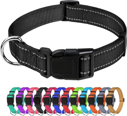 TagME Reflective Nylon Dog Collars, Adjustable Classic Pet Collar with Quick Release Buckle for Extra Large Dogs, Black, 1¼"" Width