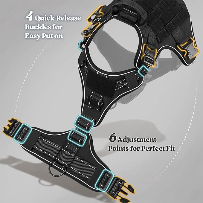 rabbitgoo Tactical Dog Harness for Large Dogs, No Pull Upgraded Reflective Heavy Duty Molle Vest with Handle, Adjustable Military Service Dog Vest for Walking Hiking Training, Black, L