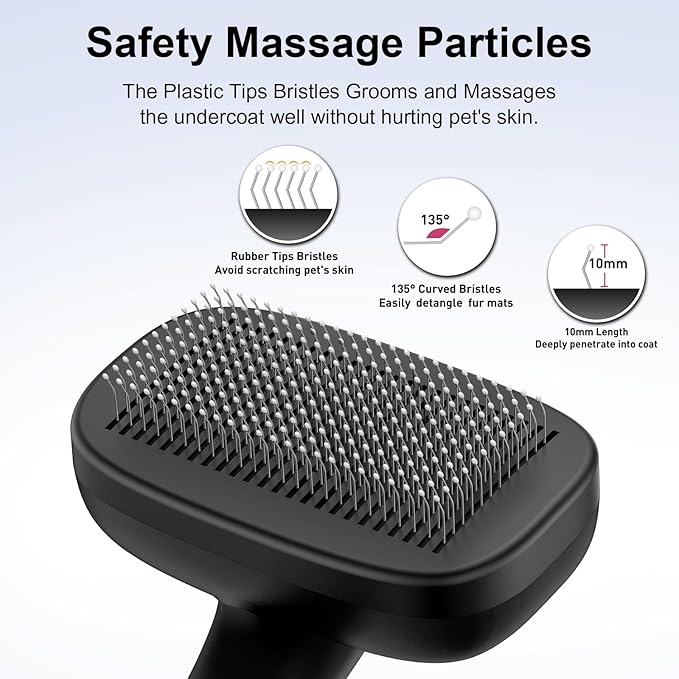 Self Cleaning Slicker Brush for Dog, Cat, Skin Friendly Shedding & Grooming Tool for Long and Short Haired Pets, Easy Clean Retractable Bristles, Black