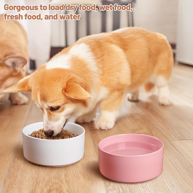 Dog Bowls, Non Slip Ceramic Dog Food and Water Bowl with Silicone Base, Heavy Pet Feeding Bowl for Puppies, Small and Medium Dogs (White+Pink, 6 Inches)