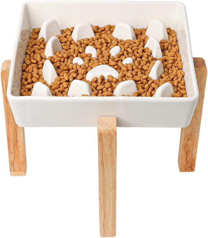 GDCZ Dog Slow Feeder Bowls, Square Ceramic Pet Food Bowl for Medium Breed, Fun Dog Bowls to Slow Down Eating (White, M-1.8 Cups+Stand)